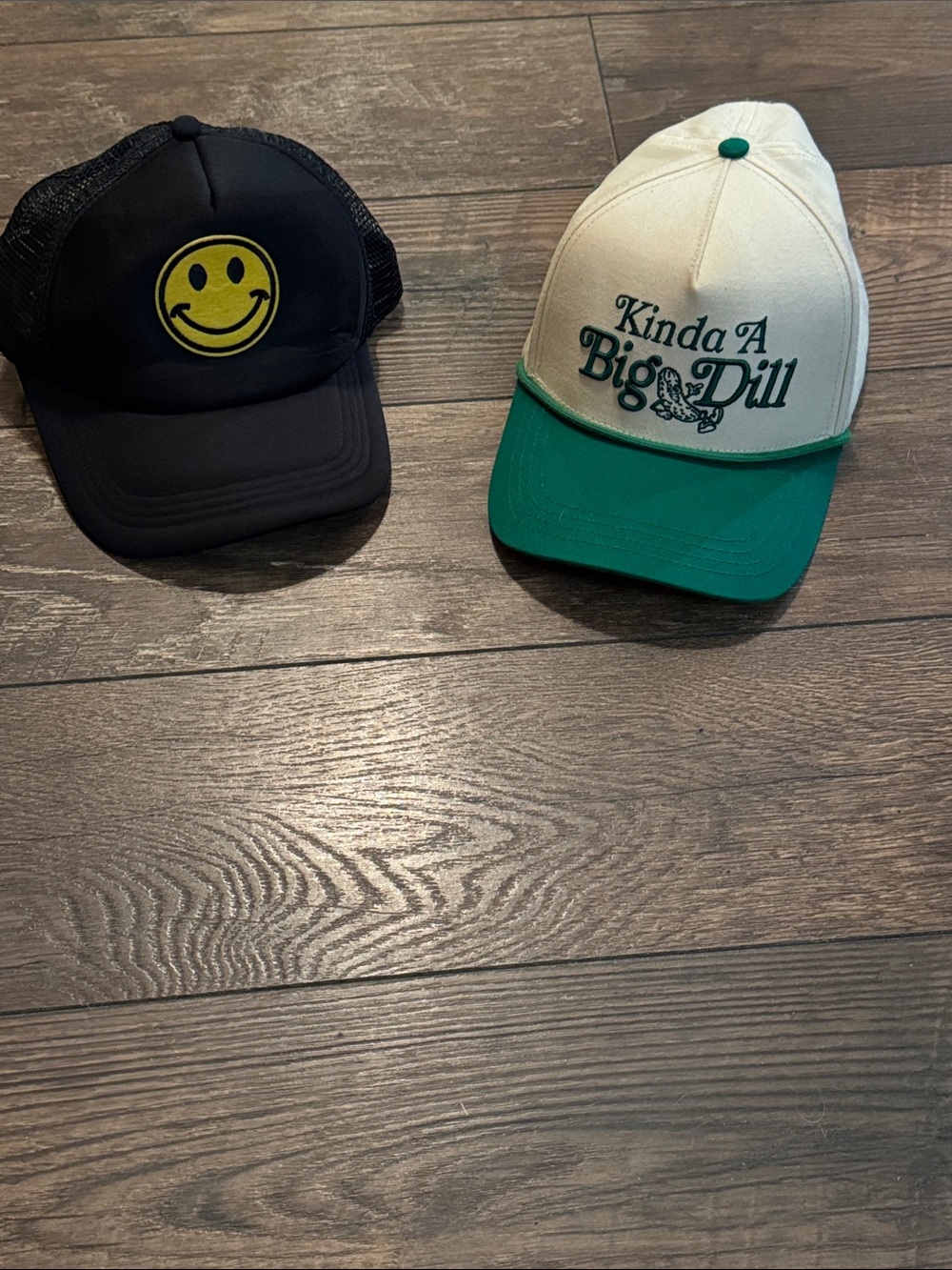Set of 2 Graphic Hats: "Big Dill" Rope Hat & Smiley Face Trucker